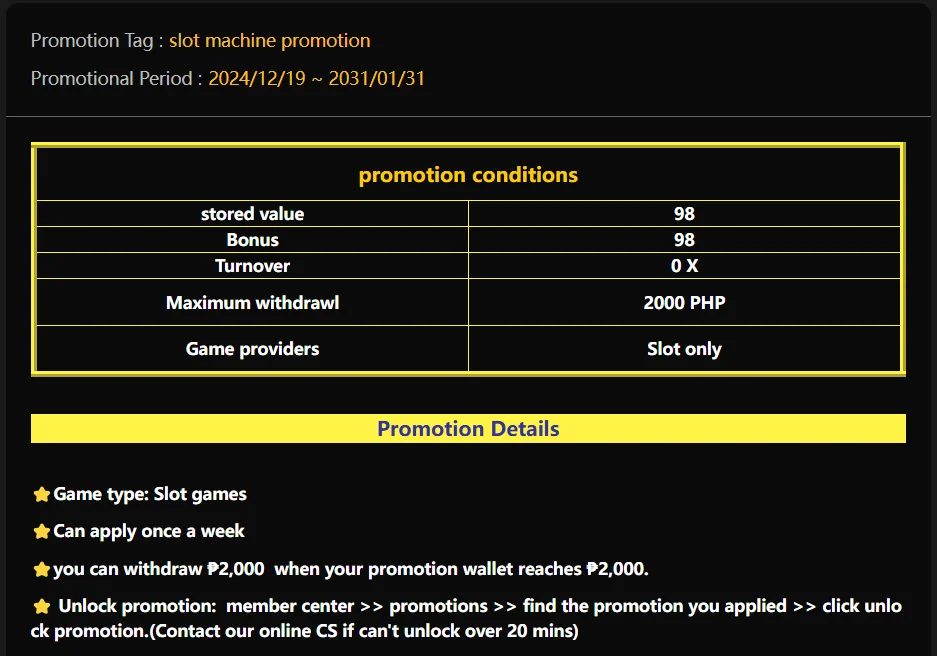 Promotions Details of Deposit 98 Pesos get 98 Pesos Free